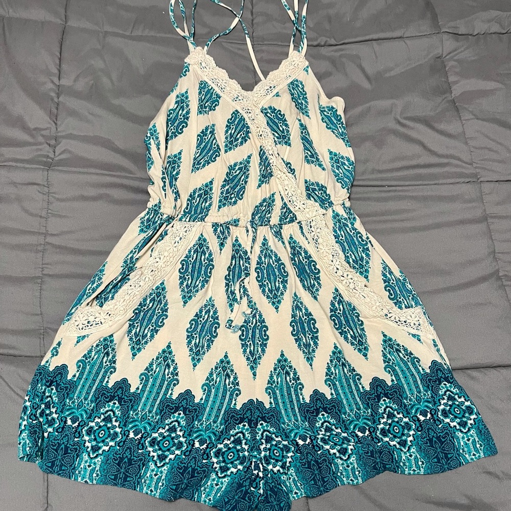 Teal and Beige Romper with Pockets (M)